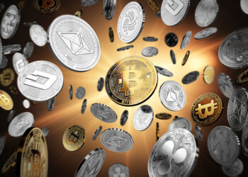 Flying altcoins with Bitcoin in the center as the leader. Bitcoin as most important cryptocurrency concept. 3D illustration