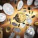 Flying altcoins with Bitcoin in the center as the leader. Bitcoin as most important cryptocurrency concept. 3D illustration