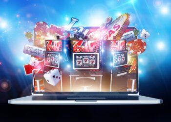 Online Casino Gambling Concept 3D Render Illustration. Las Vegas Casino Games on the Internet. Laptop Computer Concept.
