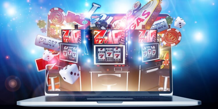 Online Casino Gambling Concept 3D Render Illustration. Las Vegas Casino Games on the Internet. Laptop Computer Concept.