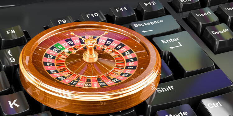 Casino roulette on keyboard button, casino online concept. 3D rendering