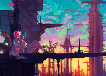 Three anime girls are resting on a futuristic building.