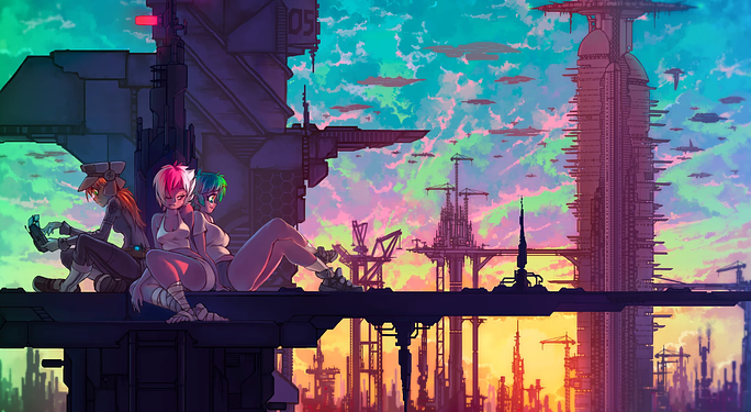 Three anime girls are resting on a futuristic building.