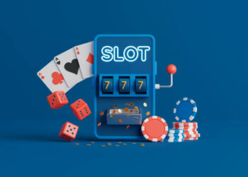 3d rendering online casino on smartphone. Slot machine with dices, playing cards and casino chips.