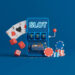 3d rendering online casino on smartphone. Slot machine with dices, playing cards and casino chips.
