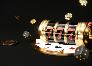 Casino background. Slot machine with roulette wheel. Online casino concept. Falling poker chips. 3d rendering.