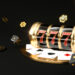 Casino background. Slot machine with roulette wheel. Online casino concept. Falling poker chips. 3d rendering.