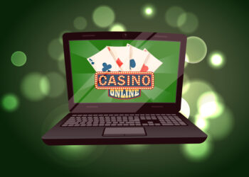 Casino online, deck of playing cards, monitor of laptop with gambling app. Entertainment in computer, poker sign, pc on green shiny background vector. Flat cartoon