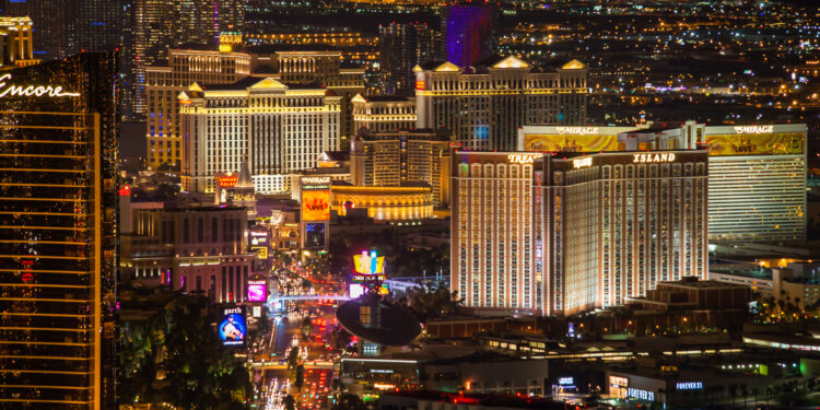 Famous Las Vegas Strip (Las Vegas Boulevard) at night. View towards the south end of the strip: Encore, Treasure Island, Mirage, Caesar's Palace, Belagio, The Cosmopolitan and many other luxury casino resorts in the heart of Las Vegas.