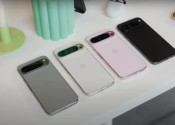 Google Pixel 9 Series Phones arranged in order on a white colored base.
