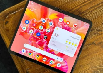 The Pixel 9 Pro Fold on a brown table