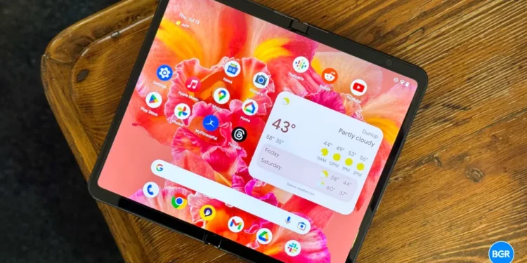 The Pixel 9 Pro Fold on a brown table