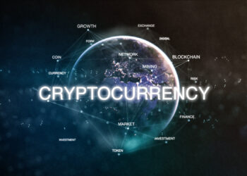 Technology earth from space word set with cryptocurrency in focus. Futuristic bitcoin crypto currency oriented words cloud 3D illustration. Crypto e-business keywords concept.