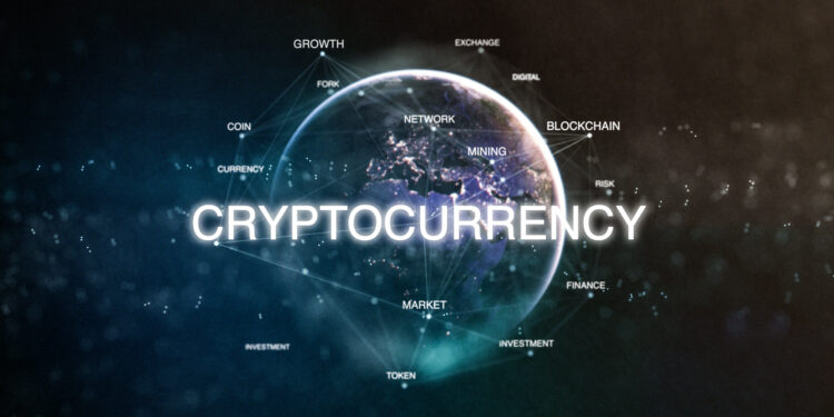 Technology earth from space word set with cryptocurrency in focus. Futuristic bitcoin crypto currency oriented words cloud 3D illustration. Crypto e-business keywords concept.