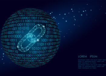 Blockchain link sign low poly. Internet technology chain icon triangle polygonal hyperlink planet Earth international community business concept. Space blue isolated wire point vector illustration art