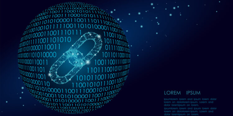 Blockchain link sign low poly. Internet technology chain icon triangle polygonal hyperlink planet Earth international community business concept. Space blue isolated wire point vector illustration art