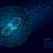 Blockchain link sign low poly. Internet technology chain icon triangle polygonal hyperlink planet Earth international community business concept. Space blue isolated wire point vector illustration art