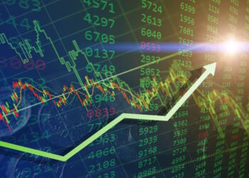 Bullish - green stock exchange market times buying hours volume chart with arrow up day trade.
