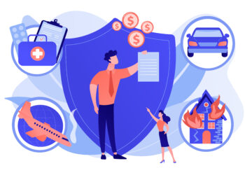 Private property, transport and life protection. Insurance broker, insurance brokerage services, insurance agent near you concept. Pink coral blue vector isolated illustration
