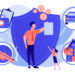 Private property, transport and life protection. Insurance broker, insurance brokerage services, insurance agent near you concept. Pink coral blue vector isolated illustration