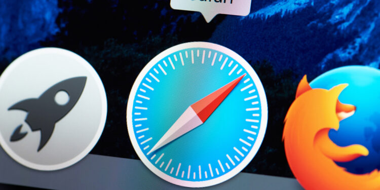New york, USA - August 18, 2017: Safari browser icon on laptop screen close-up. Starting web browser safari