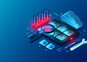 Application Testing Services Concept - Tools and Methods to Test Applications Before Deployment - Virtual Magnifying Glass Scanning Apps for Quality Control and Assurance - 3D Illustration