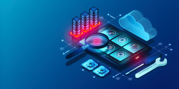 Application Testing Services Concept - Tools and Methods to Test Applications Before Deployment - Virtual Magnifying Glass Scanning Apps for Quality Control and Assurance - 3D Illustration