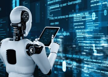 Futuristic robot artificial intelligence huminoid AI programming coding technology development and machine learning concept. Robotic bionic science research for future of human life. 3D rendering.