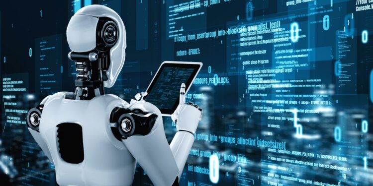 Futuristic robot artificial intelligence huminoid AI programming coding technology development and machine learning concept. Robotic bionic science research for future of human life. 3D rendering.