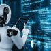 Futuristic robot artificial intelligence huminoid AI programming coding technology development and machine learning concept. Robotic bionic science research for future of human life. 3D rendering.