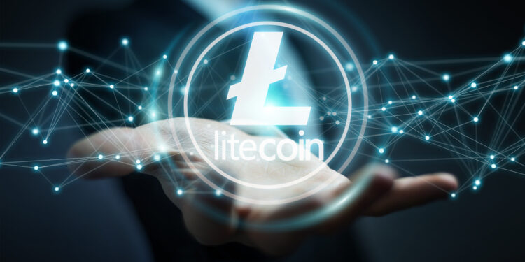 Businessman on blurred background using litecoins cryptocurrency 3D rendering