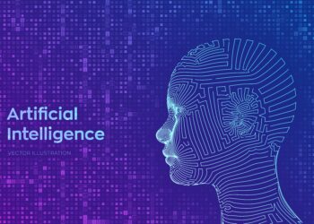 AI. Artificial intelligence concept. Abstract wireframe digital human face on streaming matrix digital binary code background. Human head in robot digital computer interpretation. Vector illustration