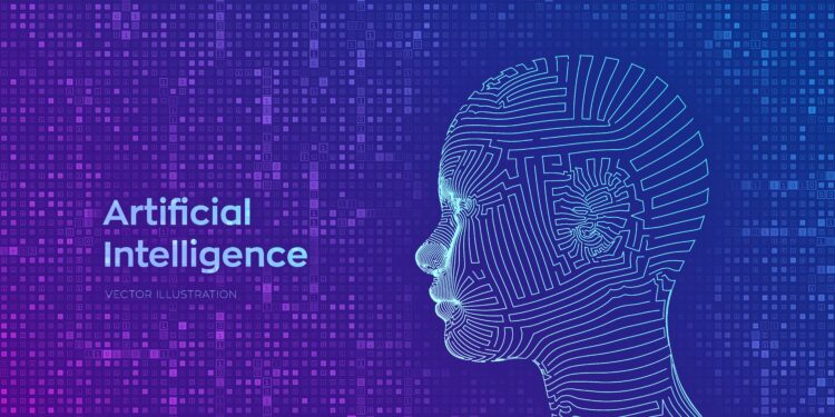 AI. Artificial intelligence concept. Abstract wireframe digital human face on streaming matrix digital binary code background. Human head in robot digital computer interpretation. Vector illustration