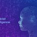 AI. Artificial intelligence concept. Abstract wireframe digital human face on streaming matrix digital binary code background. Human head in robot digital computer interpretation. Vector illustration