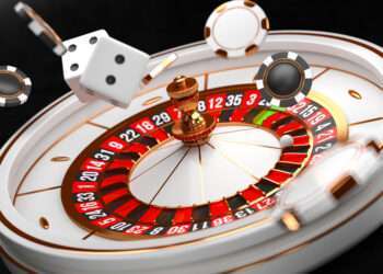 Casino background. Luxury Casino roulette wheel on black background. Online casino theme. Close-up white casino roulette with a ball, chips and dice. Poker game table. 3d rendering illustration