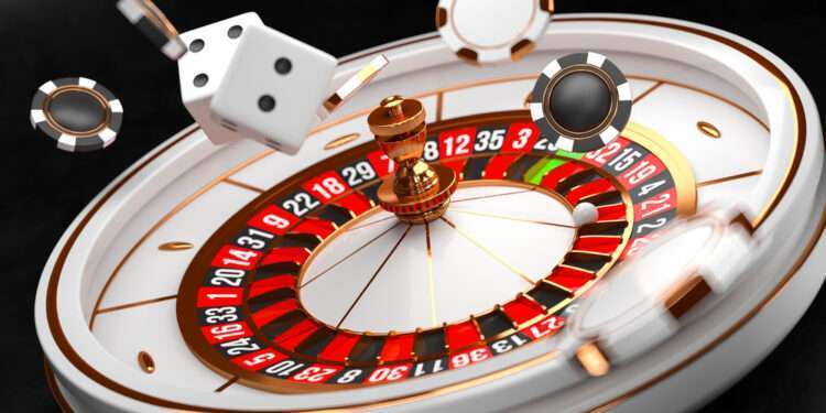 Casino background. Luxury Casino roulette wheel on black background. Online casino theme. Close-up white casino roulette with a ball, chips and dice. Poker game table. 3d rendering illustration