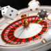 Casino background. Luxury Casino roulette wheel on black background. Online casino theme. Close-up white casino roulette with a ball, chips and dice. Poker game table. 3d rendering illustration