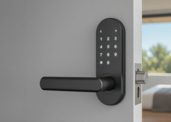 A modern smart lock with keypad is installed on partially open door, revealing bright, airy bedroom with large window view. sleek design of lock complements contemporary interior