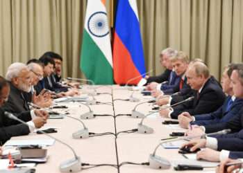 Indian Prime Minister Narendra Modi meets Russian President Vladimir Putin on the sidelines of Shanghai Cooperation Organization Summit in Bishkek, Kyrgyzstan. June 13, 2019 (Indian Ministry of Foreign Affairs/Flickr)