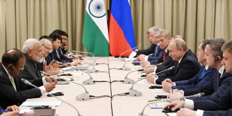 Indian Prime Minister Narendra Modi meets Russian President Vladimir Putin on the sidelines of Shanghai Cooperation Organization Summit in Bishkek, Kyrgyzstan. June 13, 2019 (Indian Ministry of Foreign Affairs/Flickr)