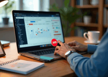 Person analyzing gambling data on a laptop with a 2025 marker, surrounded by a calendar, notebook, and coffee cup on a desk