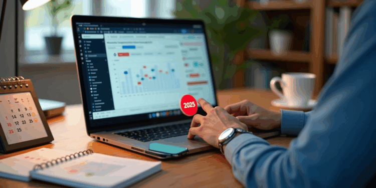 Person analyzing gambling data on a laptop with a 2025 marker, surrounded by a calendar, notebook, and coffee cup on a desk