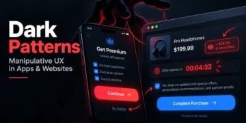 Dark patterns UX examples including fake urgency, confirm shaming, obstruction, hidden information and preselected choices