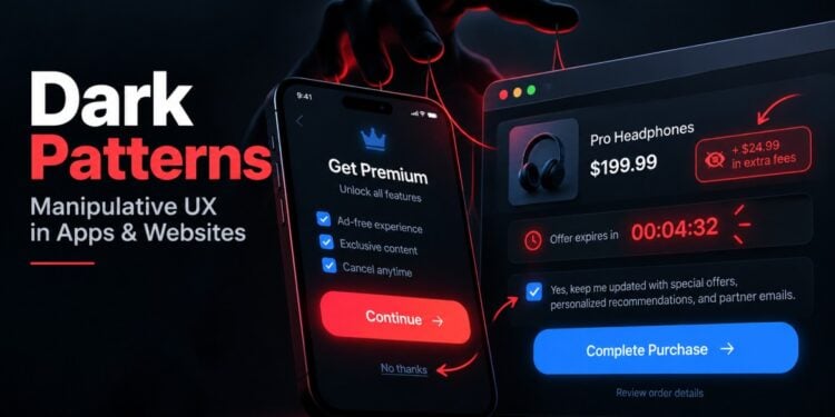Dark patterns UX examples including fake urgency, confirm shaming, obstruction, hidden information and preselected choices